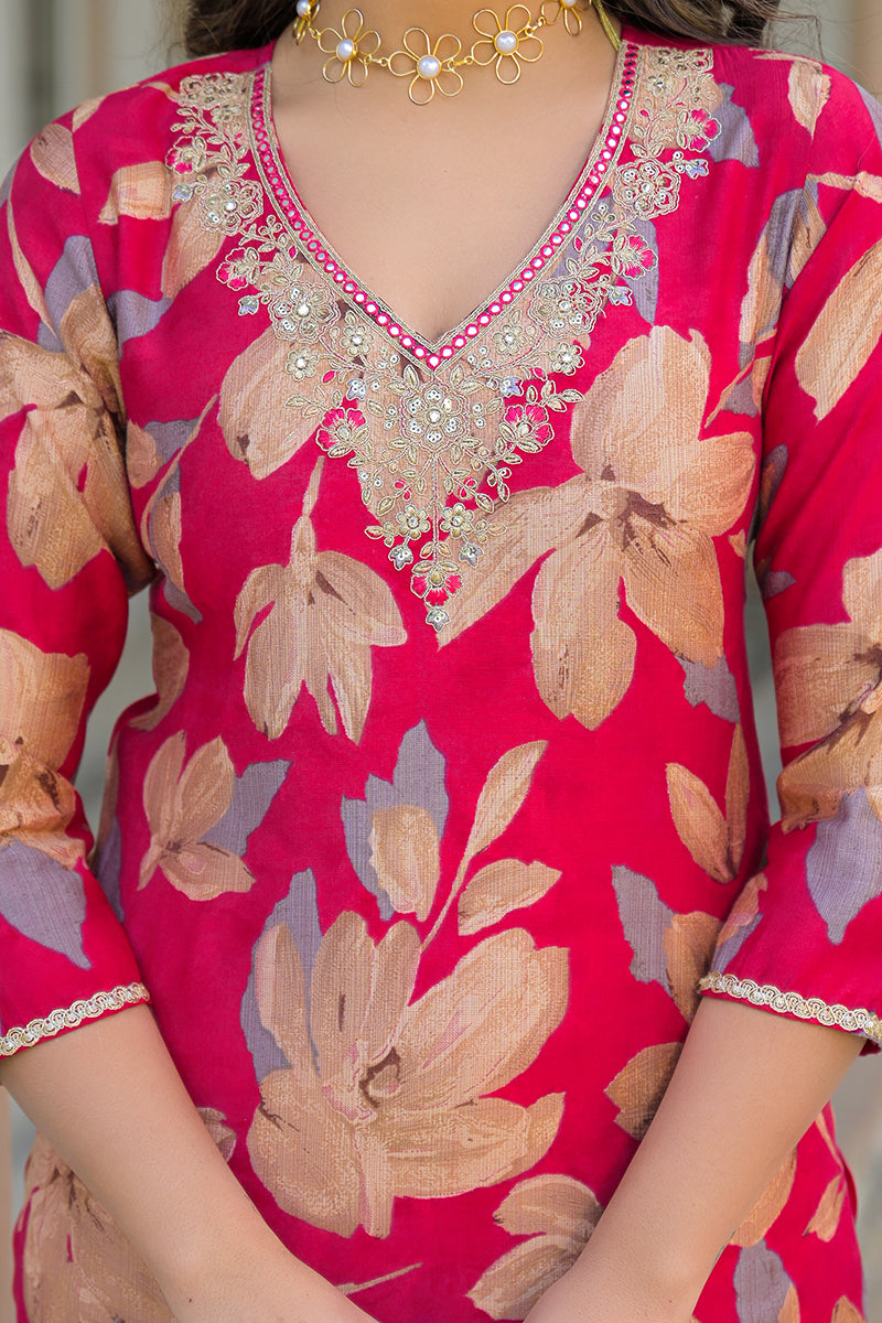 pink viscose floral embroidered straight kurta trousers with dupatta pkskd3141