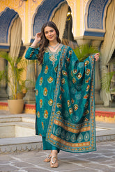 teal viscose embroidered straight kurta trousers with dupatta