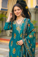 teal viscose embroidered straight kurta trousers with dupatta