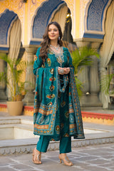 teal viscose embroidered straight kurta trousers with dupatta