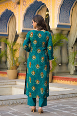 teal viscose embroidered straight kurta trousers with dupatta