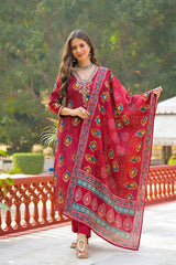 maroon viscose embroidered straight kurta trousers with dupatta