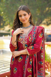 maroon viscose embroidered straight kurta trousers with dupatta