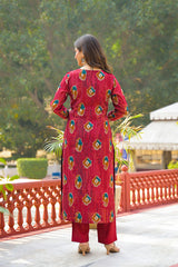 maroon viscose embroidered straight kurta trousers with dupatta