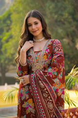 brown viscose floral printed straight kurta trousers with dupatta