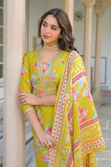 yellow viscose floral printed straight kurta trousers with dupatta