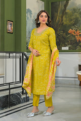yellow viscose ethnic motifs printed straight kurta trousers with dupatta