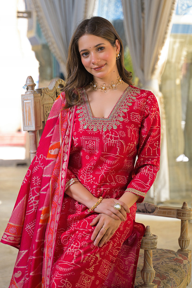 red viscose ethnic motifs printed straight kurta trousers with dupatta