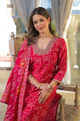 red viscose ethnic motifs printed straight kurta trousers with dupatta