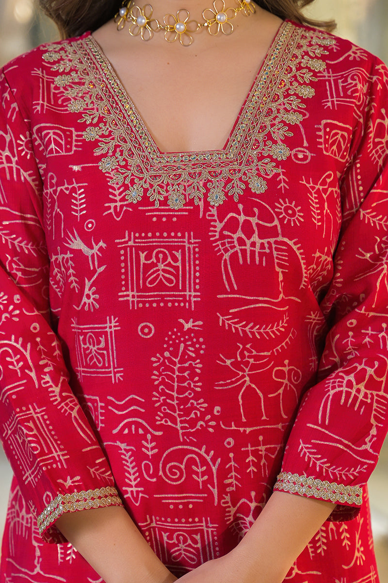 red viscose ethnic motifs printed straight kurta trousers with dupatta