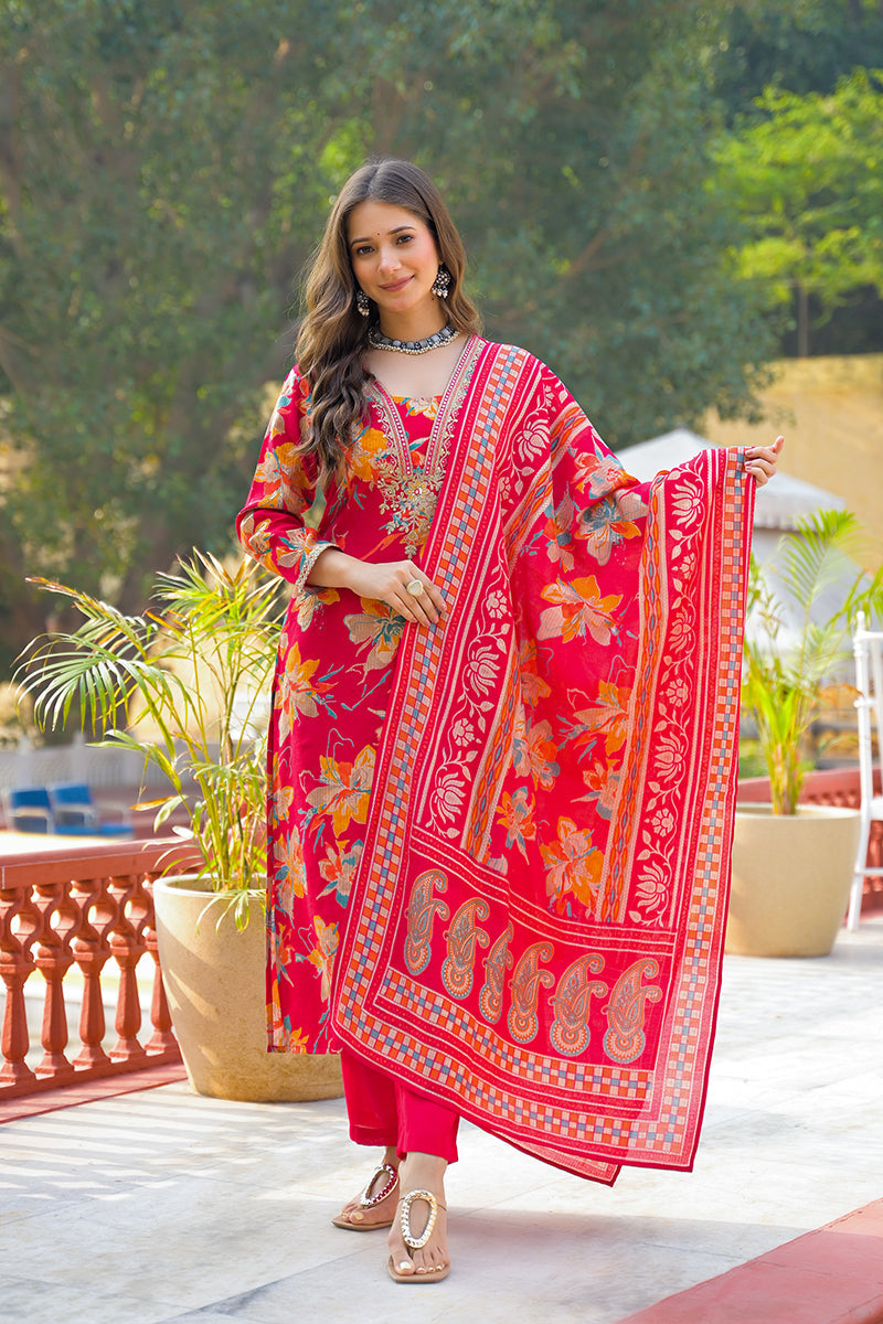 red viscose floral printed straight kurta trousers with dupatta pkskd3159