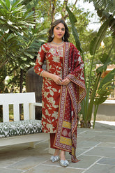 brown viscose rayon embroidered straight kurta trousers with dupatta