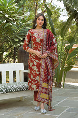 brown viscose rayon embroidered straight kurta trousers with dupatta