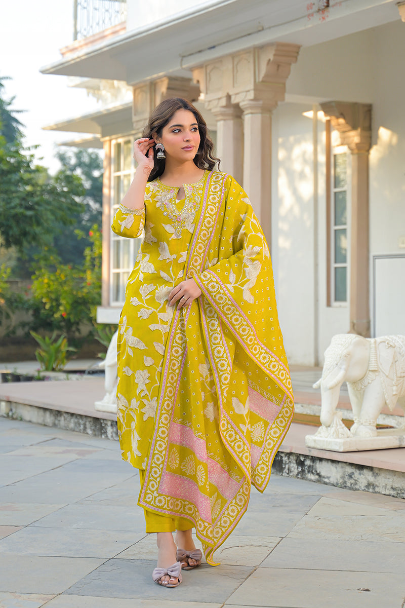 yellow viscose rayon floral printed straight kurta trousers with dupatta