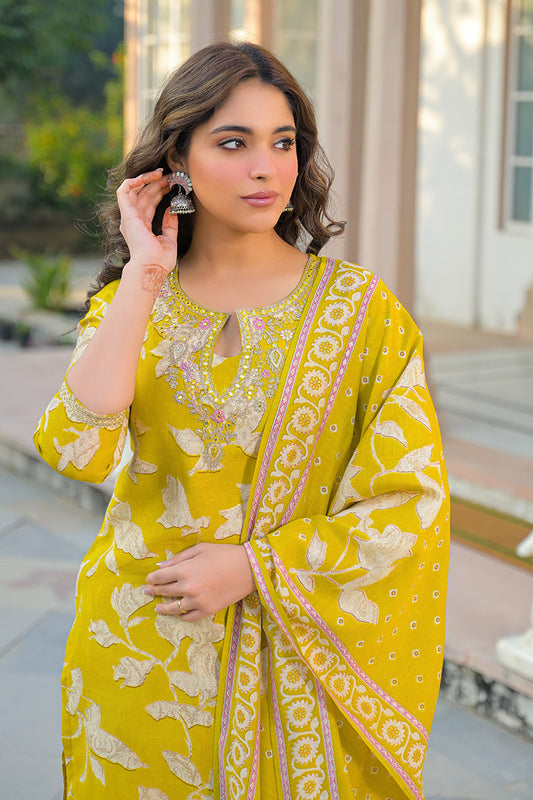 yellow viscose rayon floral printed straight kurta trousers with dupatta