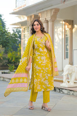 yellow viscose rayon floral printed straight kurta trousers with dupatta