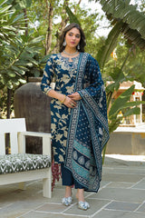 navy blue viscose rayon floral printed straight kurta trousers with dupatta
