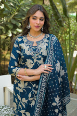 navy blue viscose rayon floral printed straight kurta trousers with dupatta