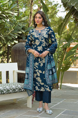 navy blue viscose rayon floral printed straight kurta trousers with dupatta