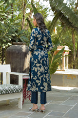 navy blue viscose rayon floral printed straight kurta trousers with dupatta