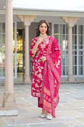 red viscose rayon embroidered straight kurta trousers with dupatta