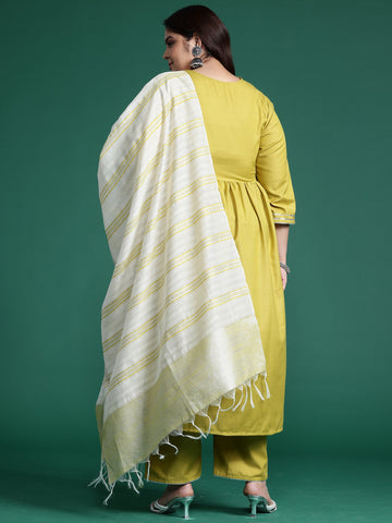 Indo Era - Plus Size Olive Embroidered A-Line Kurta Trousers With Dupatta Set