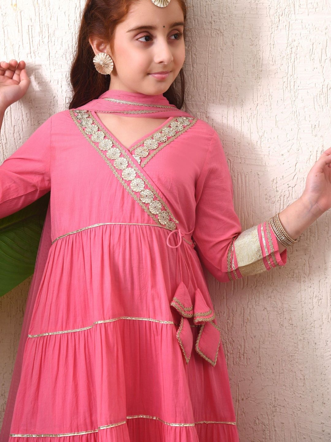 Girls Pink Tiered Anarkali Kurta Set with Dupatta ILKSD72
