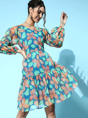 SASSAFRAS - Blue Floral Organza Tiered Short Dress