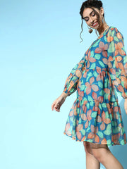 SASSAFRAS - Blue Floral Organza Tiered Short Dress