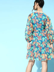 SASSAFRAS - Blue Floral Organza Tiered Short Dress