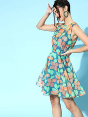 SASSAFRAS - Blue Floral Organza Sleeveless Skater Dress