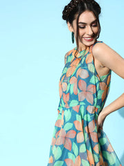 SASSAFRAS - Blue Floral Organza Sleeveless Skater Dress