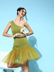 SASSAFRAS - Green Tulle One Shoulder Dress