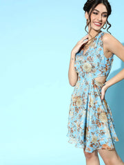 SASSAFRAS - Blue Floral Organza Side Cut Out Dress