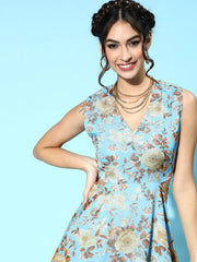 SASSAFRAS - Blue Floral Organza Side Cut Out Dress