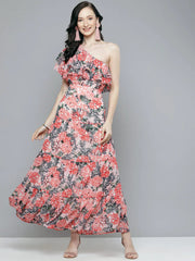 Sassafras - Peach Floral One Shoulder Maxi Dress