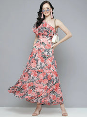 Sassafras - Peach Floral One Shoulder Maxi Dress