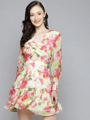 Sassafras - White & Pink Floral Front Knot Short Dress