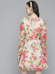 Sassafras - White & Pink Floral Front Knot Short Dress