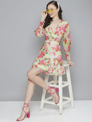 Sassafras - White & Pink Floral Front Knot Short Dress