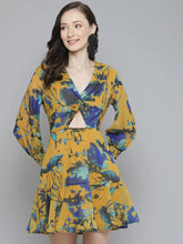 Sassafras - Mustard & Blue Floral Front Knot Short Dress