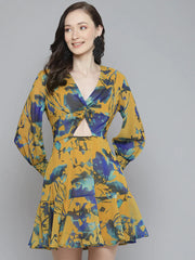 Sassafras - Mustard & Blue Floral Front Knot Short Dress
