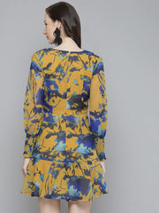 Sassafras - Mustard & Blue Floral Front Knot Short Dress