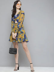 Sassafras - Mustard & Blue Floral Front Knot Short Dress