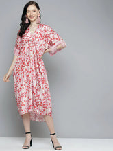 Sassafras - Pink & Red Leaf Print Fringe Lace Kaftan