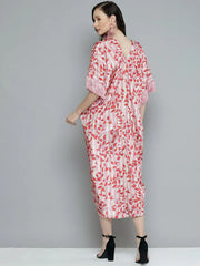 Sassafras - Pink & Red Leaf Print Fringe Lace Kaftan