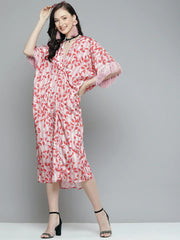 Sassafras - Pink & Red Leaf Print Fringe Lace Kaftan