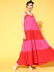 Sassafras - Red & Fuchsia Colour Block Tiered Maxi Dress