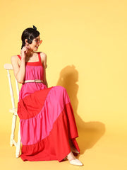 Sassafras - Red & Fuchsia Colour Block Tiered Maxi Dress