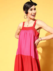 Sassafras - Red & Fuchsia Colour Block Tiered Maxi Dress